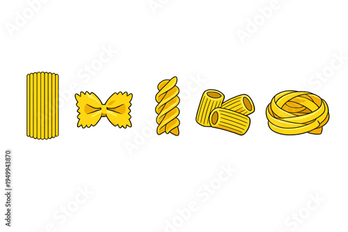 A collection of five different types of Italian pasta including