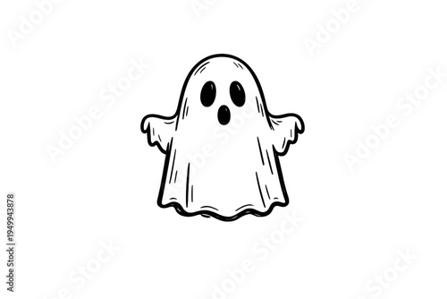 A hand-drawn vector illustration of a cute cartoon ghost with a
