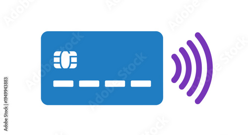 A blue credit card with a white chip and rectangles emits purple wireless signal waves.