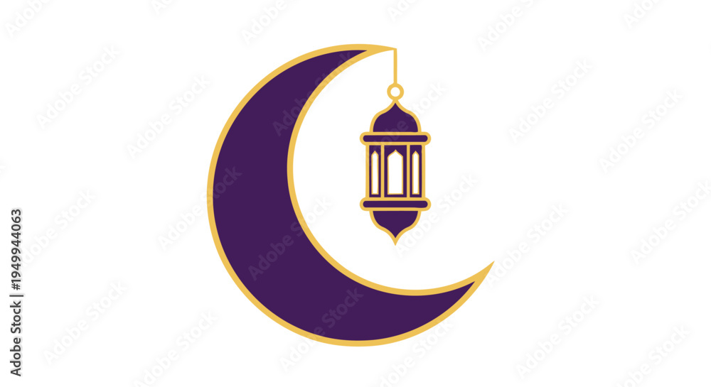 Obraz premium A serene nighttime scene featuring a large crescent moon with a hanging lantern, set against a dark blue sky with stars, symbolizing Ramadan or Eid celebrations.