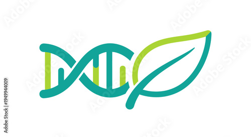 A stylized illustration of a DNA double helix intertwined with a green leaf, symbolizing genetic science and nature.