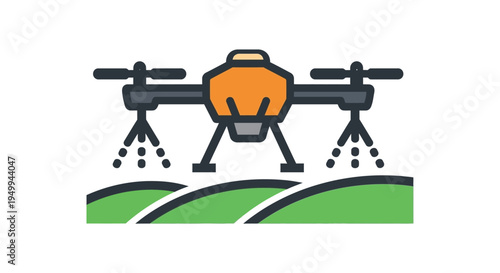 Agricultural drone sprays fertilizer over rolling green hills in countryside landscape.