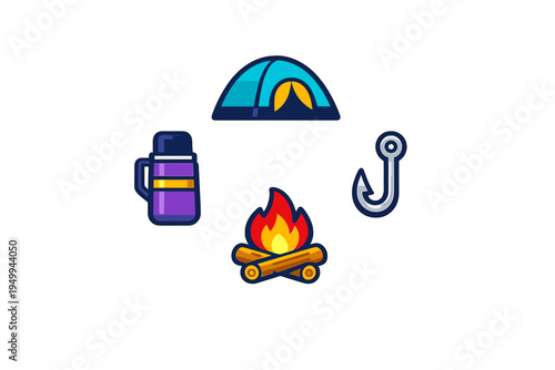 A set of flat vector camping icons featuring a blue tent, a purple