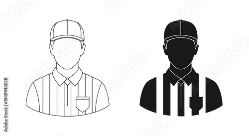 Two black and white illustrations depict a referee or umpire showcasing differing visual styles and shading techniques high quality