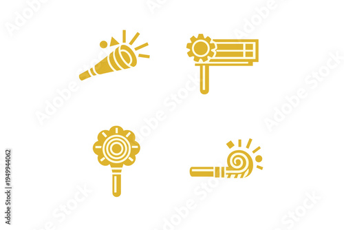 Collection of four golden party noisemaker icons featuring a horn