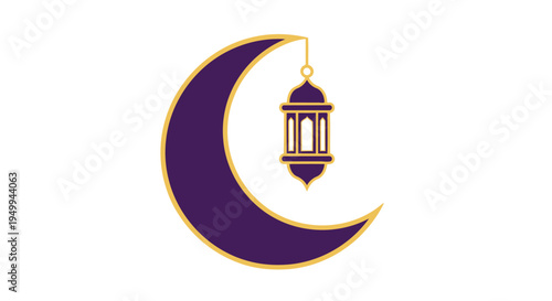 A serene nighttime scene featuring a large crescent moon with a hanging lantern, set against a dark blue sky with stars, symbolizing Ramadan or Eid celebrations.