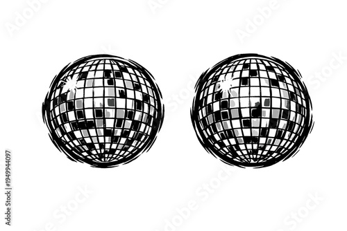 A black and white vector illustration featuring two hand-drawn disco