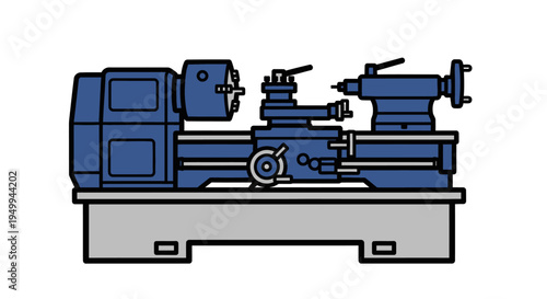 An illustration depicts a lathe machine in operation at an industrial workshop with metal equipment and tools on a gray surface.
