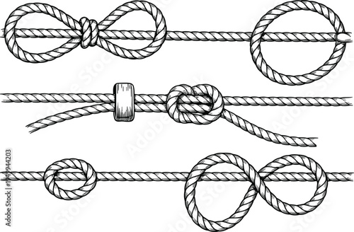 Rope knot set hand drawn nautical knots collection vintage engraving style rope tying illustration isolated on white background