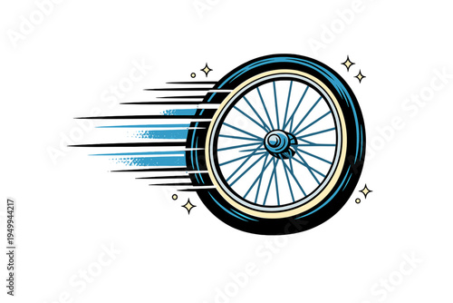 A retro-style vector illustration of a bicycle wheel with speed lines