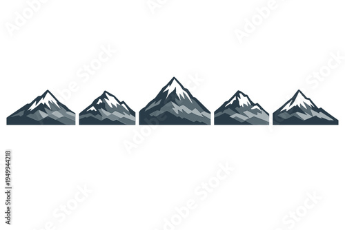 A set of five stylized mountain peak icons with snow-capped tops