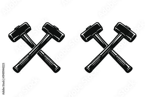 A set of two vintage-style icons featuring crossed sledgehammers in a