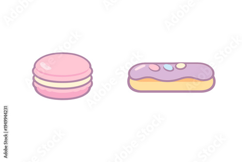Cute vector illustration of a pink macaron and a purple glazed eclair