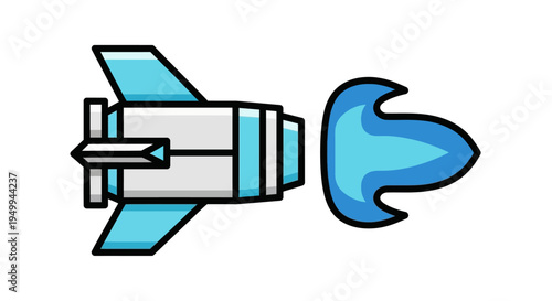 A rocket ship blasts off into space with a large flame coming out of its back.