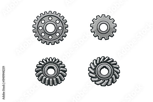 A collection of four distinct mechanical gear icons featuring spur