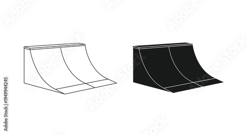 A minimalist illustration depicts two identical quarter pipes one outlined in white and the other filled with black against a white background