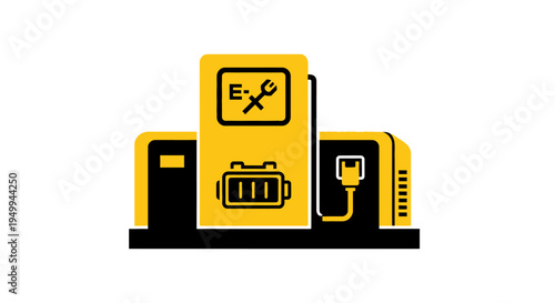 A graphic illustration of industrial machines and tools on a black base with yellow accents showcasing an Ex sign and various equipment.