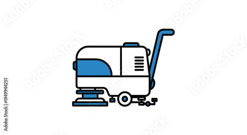 A blue and white floor cleaning machine with a long handle is shown in a simple line drawing style on a clean surface in an industrial setting from a side viewpoint.