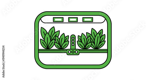 An illustration of a hydroponic system with lush green plants growing inside a controlled environment with a green frame and control panel.