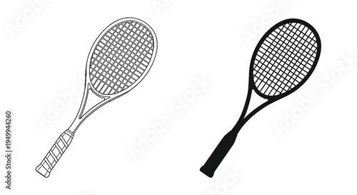 A detailed illustration showcases two tennis rackets one outlined and one solid black against a stark white background