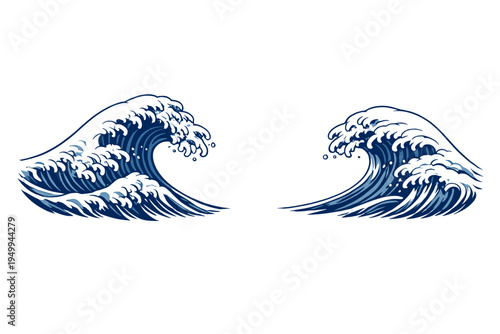 A pair of stylized blue ocean waves with white foam crests, inspired