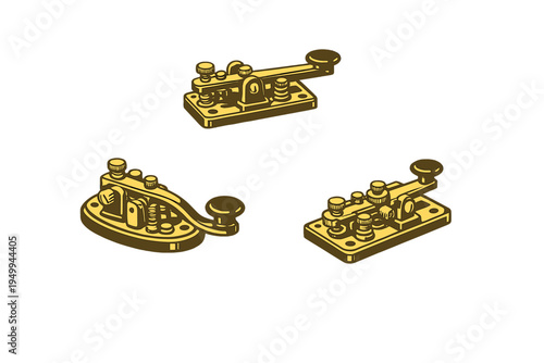 A collection of three vintage Morse code telegraph keys in a golden