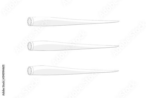 A set of three white wind turbine blades isolated on a white