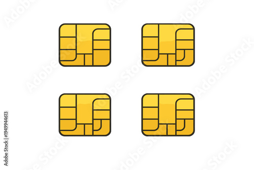 A set of four golden SIM card microchip icons arranged in a grid on a