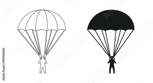 A contrasting depiction of two parachutists one outlined and the other silhouetted descending from the sky high quality professional