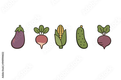 A set of five minimalist vegetable icons including eggplant, radish