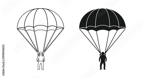 A black and white illustration depicts two parachutists descending showcasing different shading techniques for visual contrast high quality professional