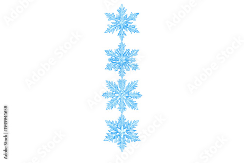 A vertical row of four intricate light blue snowflakes isolated on a