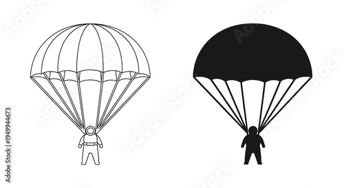 Two stylized depictions of parachutists descending one with white fill and the other solid black presented side by side high quality