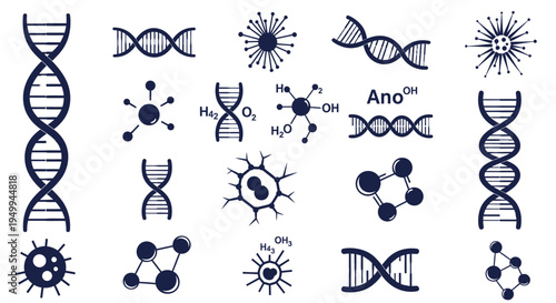 Molecular biology icons featuring dna structures and chemical compounds silhouette