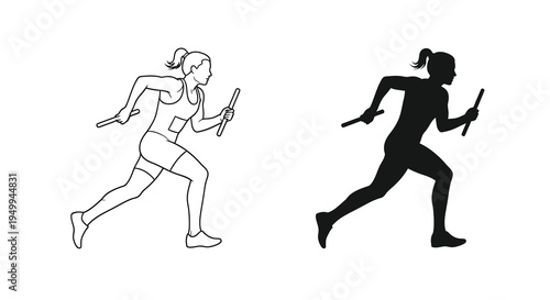 A depiction of a female runner in motion presented both as a line drawing and a dark silhouette against a white background