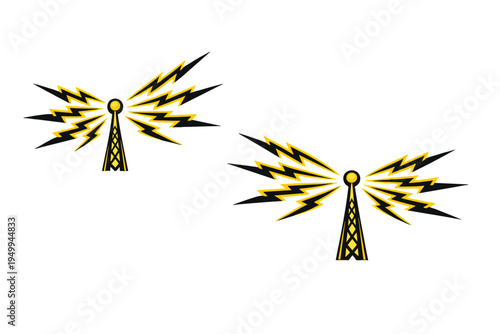 Vector illustration of two radio towers emitting yellow and black