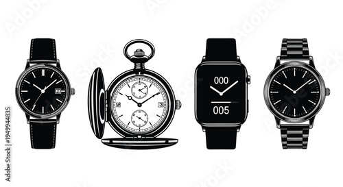 Four different timepieces displayed in a clean graphic black silhouette