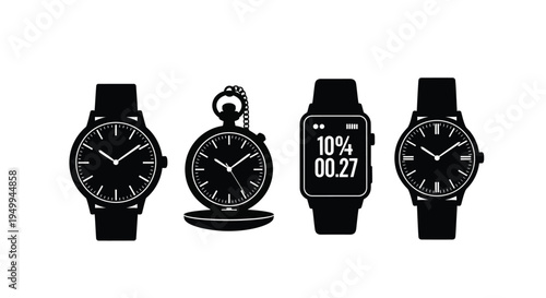 Four different timepieces including a smartwatch displayed as a black silhouette