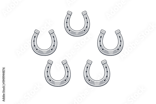 Five metallic silver horseshoes are arranged in a circular formation