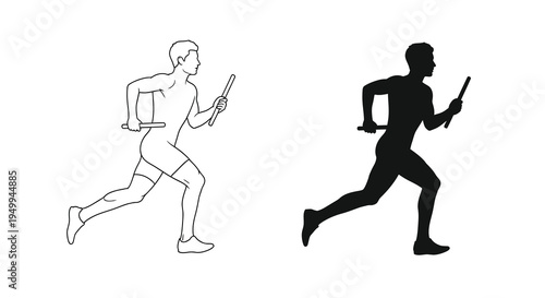 A side by side illustration depicts a runner with a baton shown in both a white outline and a solid black silhouette