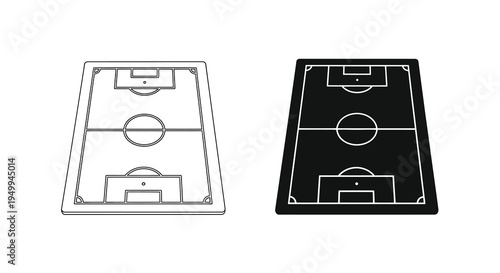 A minimalist illustration depicts two overhead views of a soccer field one in outline and the other filled