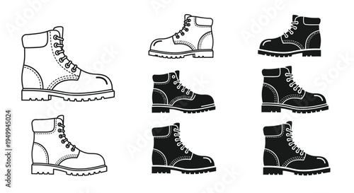 Various views of hiking boots displayed in a minimalist style silhouette