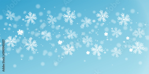 Chaotic flying snow flakes backdrop. Winter dust freeze shapes. Snowfall sky white teal blue background. Fuzzy snowflakes february texture. Snow nature landscape.