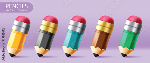 Colorful 3d Pencil clipart set. 3d Pencil multicolored clip art for school and office writing art materials educational tool graphic design collection with sharp, glossy and wooden drawing object 