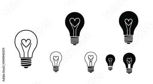 Multiple lightbulbs containing heart shapes a simple black design silhouette
