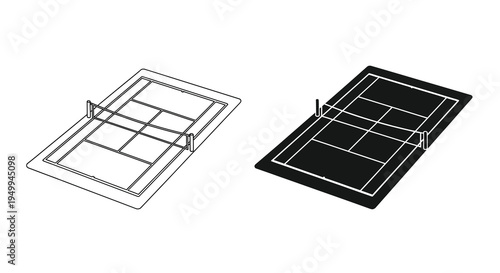 A minimalist depiction showcases a tennis court in both line art and solid black variations providing a contrasting visual study