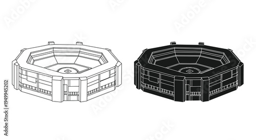 This image displays a black and white line drawing of an octagonal structure possibly a stadium or arena in two variations