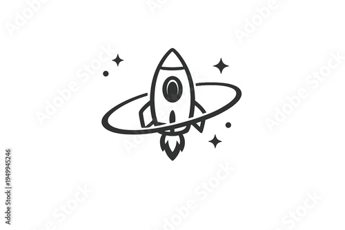 A minimalist black and white vector illustration of a rocket ship