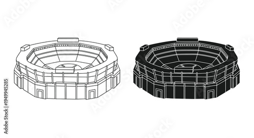A detailed black and white illustration depicts two isometric views of a circular arena or stadium structure high quality professional modern