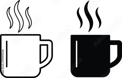 Two steaming coffee cups one outline one solid black drink